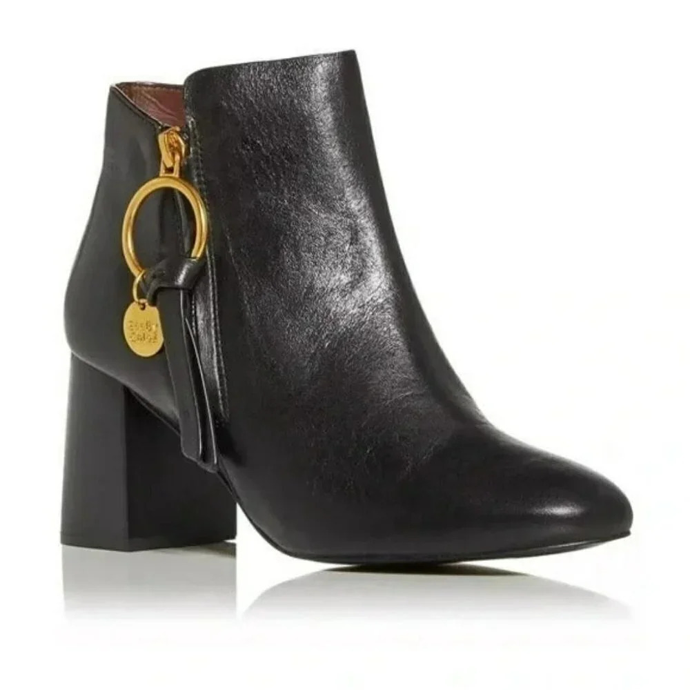 See by Chloé Louise Womens High Block Heel Booties Ring Zip Black Color Size 7.5